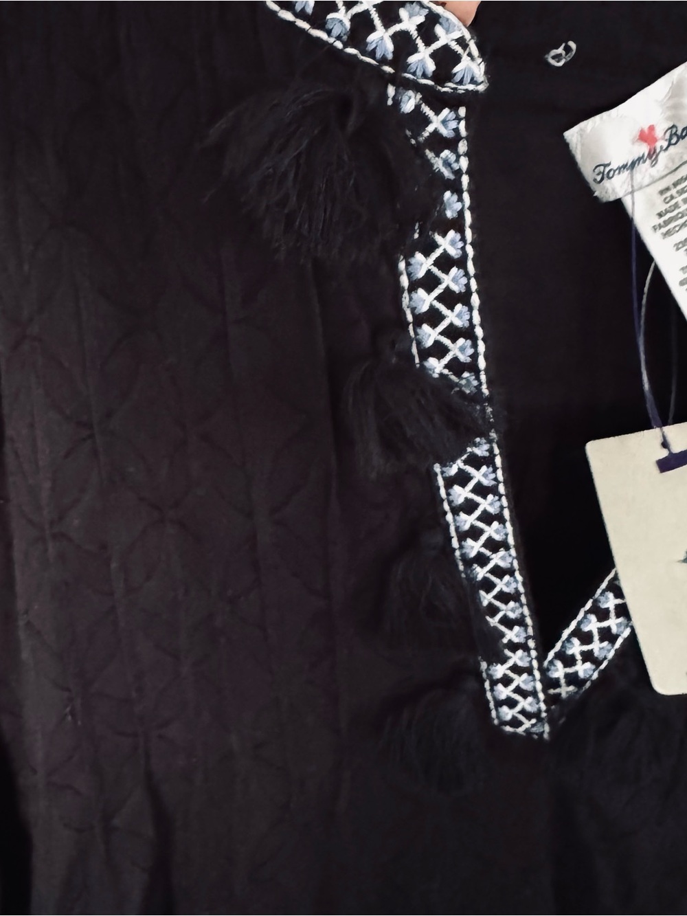 Tommy Bahama Black dress with White Embroidered Trim fully lined. - Picture 3 of 13